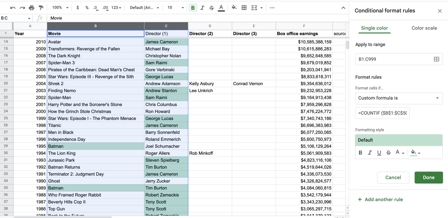 Alt text: Google Sheet with multiple columns selected and Conditional format rules box opened with an updated COUNTIF formula.
