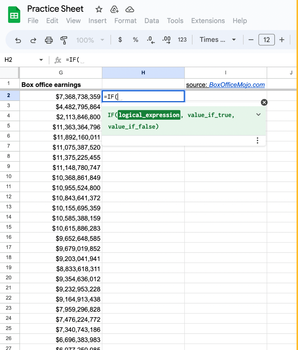 Google Sheets 'IF-THEN' command begun with “=IF(” typed