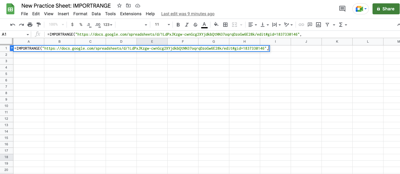 Alt text: IMPORTRANGE function spreadsheet URL displayed in Google Sheets.