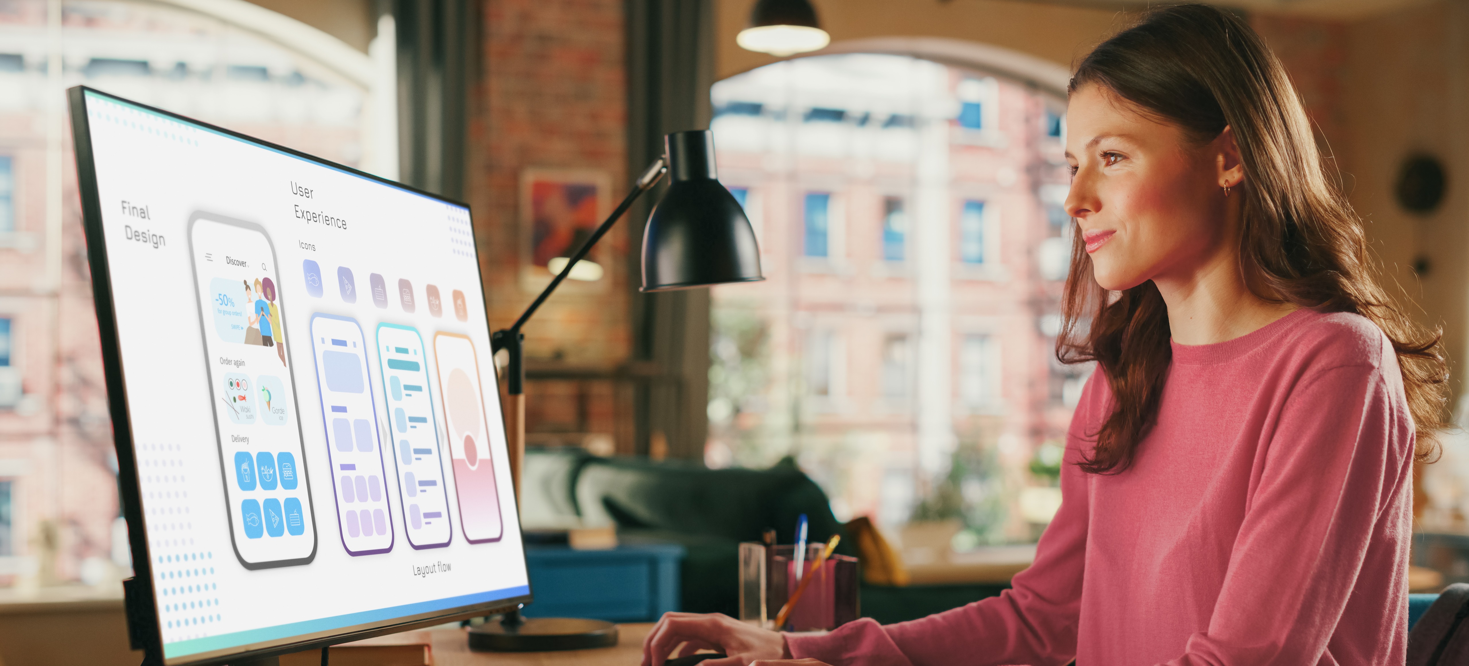 [Featured Image] A UX writer studies a product on her computer screen, preparing to write copy.
