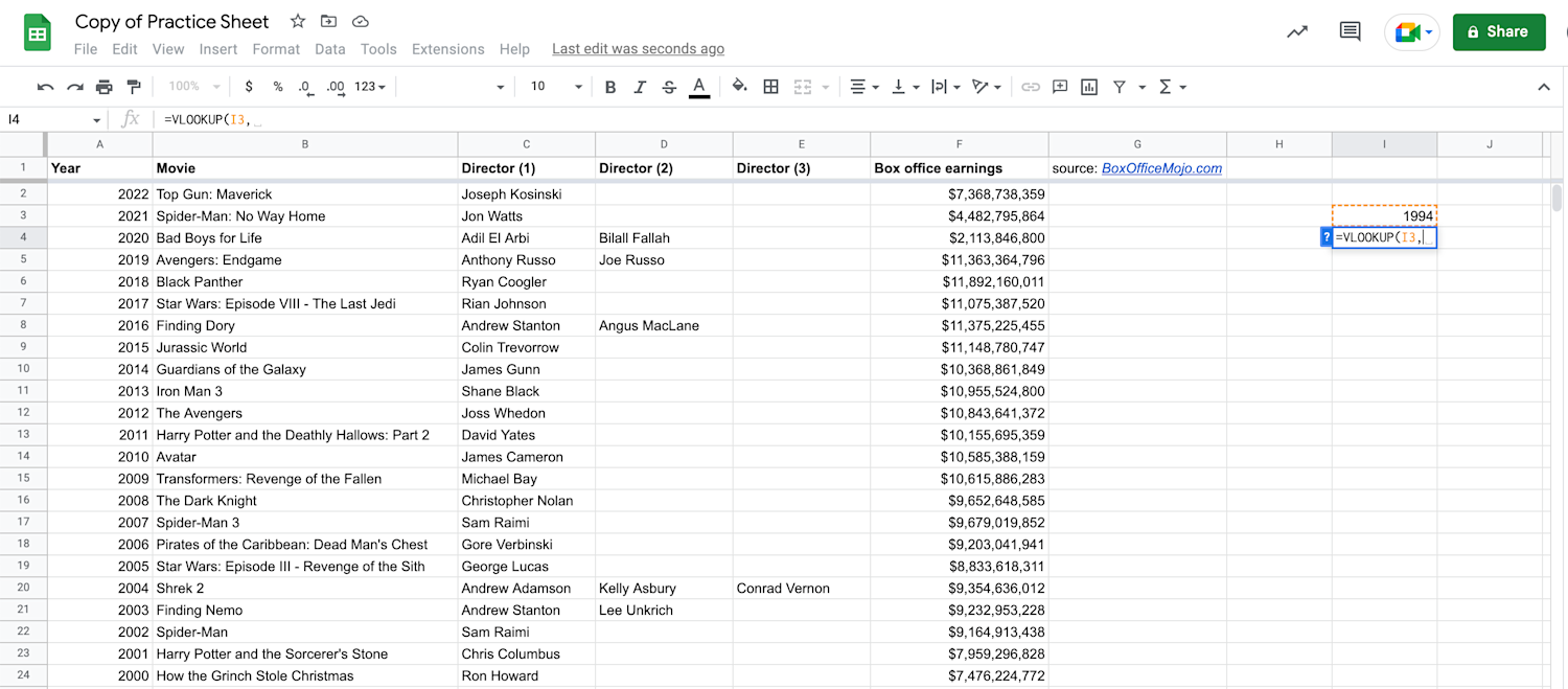 Alt text: VLOOKUP function search key displayed in Google Sheets.