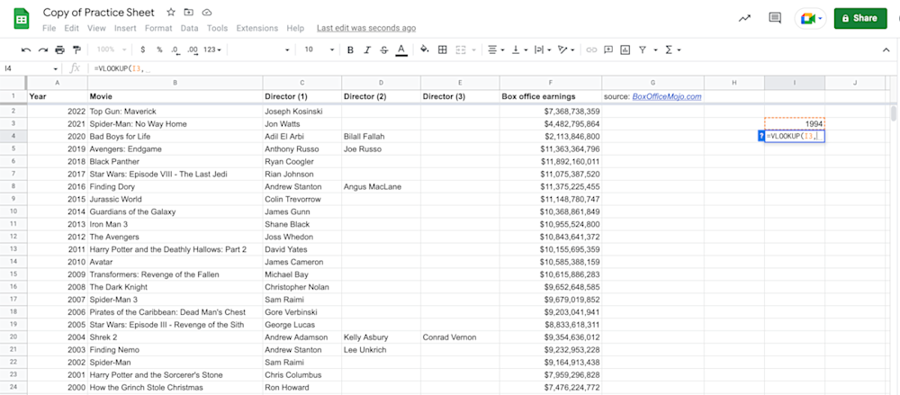 Alt text: VLOOKUP function search key displayed in Google Sheets.