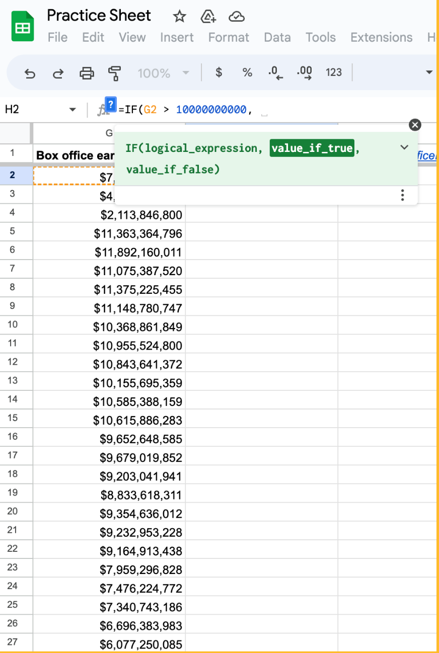 Google Sheets 'IF-THEN' command typed including the logical expression