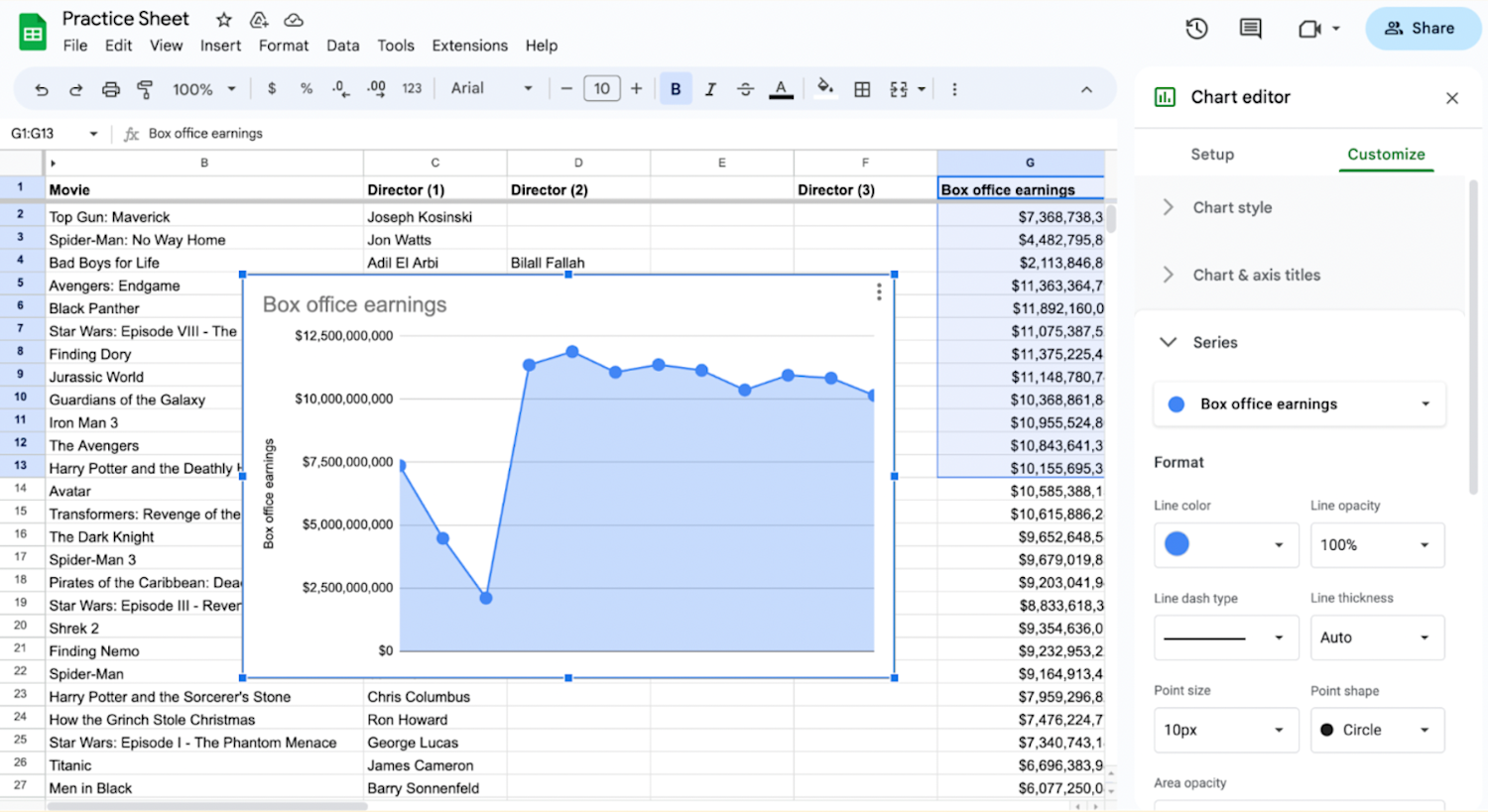 Alt text: Google Sheet shown with ‘Chart editor’ open in the ‘Customize’ tab with ‘Series’ expanded