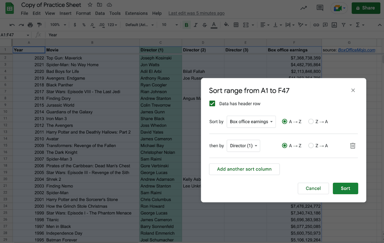 Alt text: Applying multiple sorting rules to a data range in Google sheets