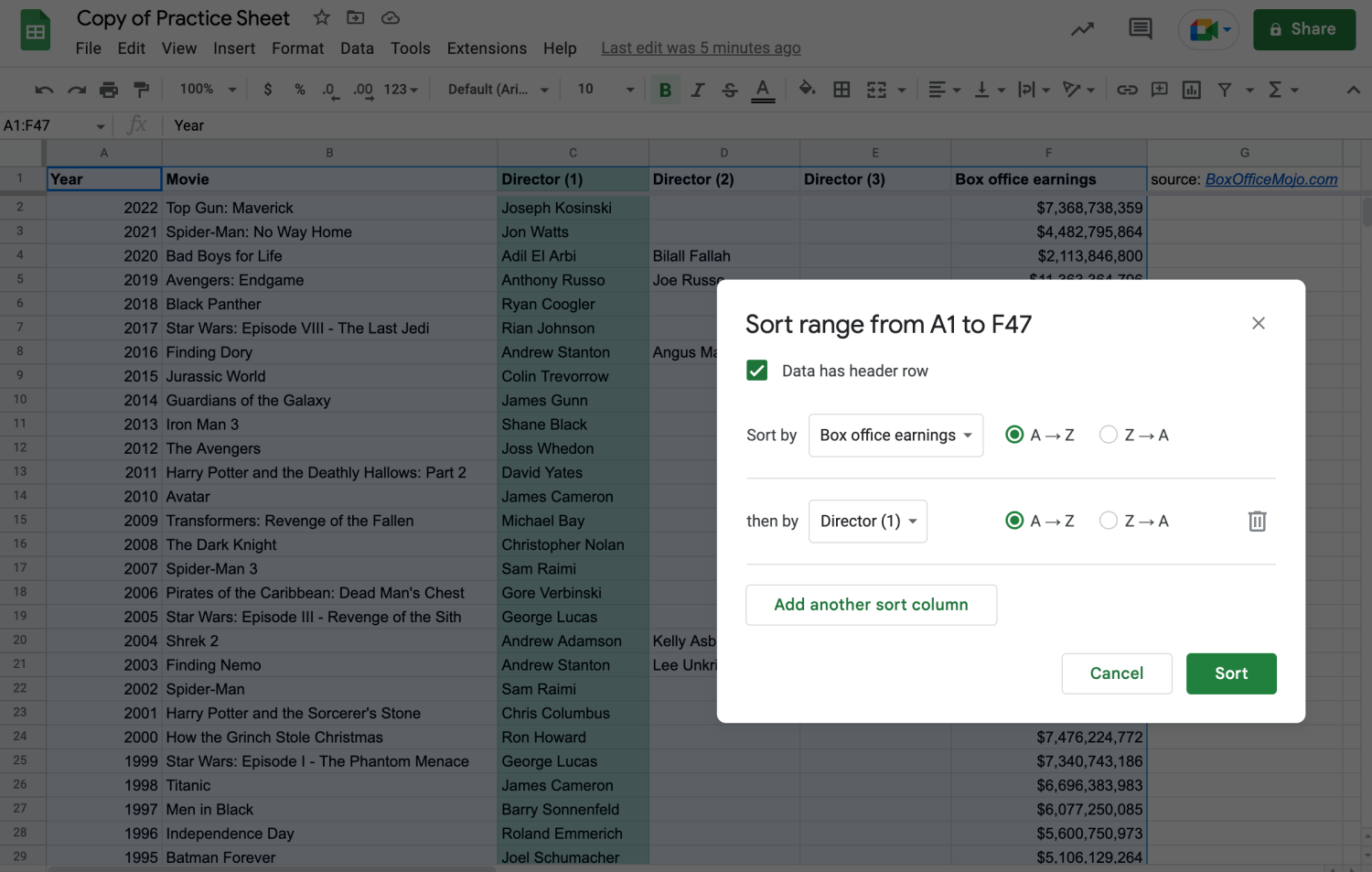 Alt text: Applying multiple sorting rules to a data range in Google sheets
