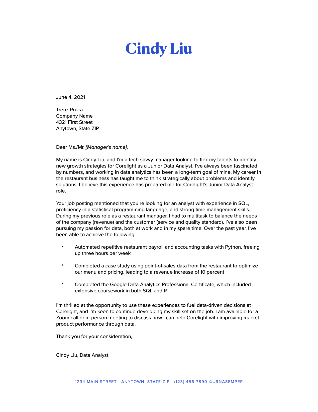 Sociable apodo inestable Data Analyst Cover Letter: 2022 Sample and Guide | Coursera