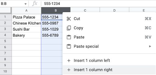 Alt text: Google Sheets screencap displaying a highlighted column with the drop-down menu for inserting a new column