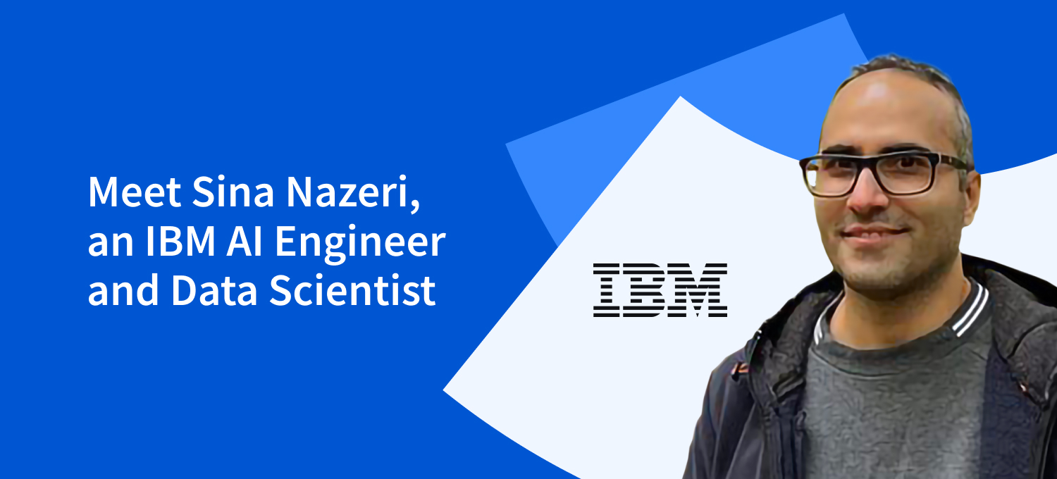 [Featured image] A portrait of IBM AI Engineer and Data Scientist Sina Nazeri on a blue background with the IBM logo