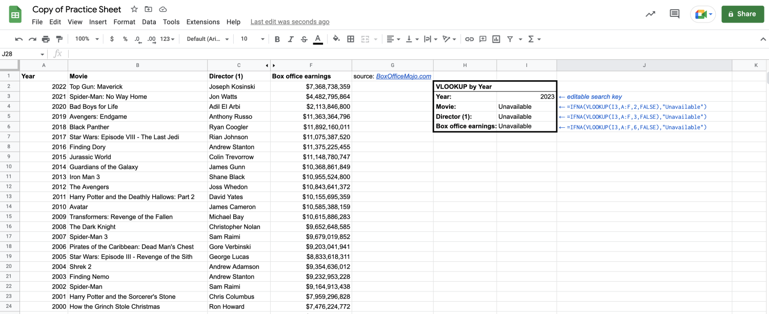 Alt text: VLOOKUP function with IFNA statements displayed in Google Sheets.