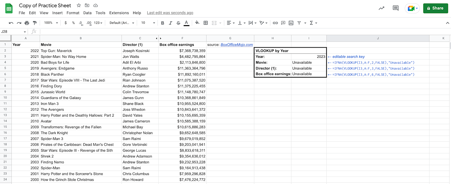 Alt text: VLOOKUP function with IFNA statements displayed in Google Sheets.