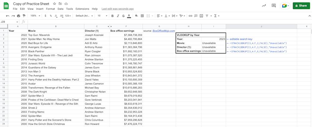 Alt text: VLOOKUP function with IFNA statements displayed in Google Sheets.