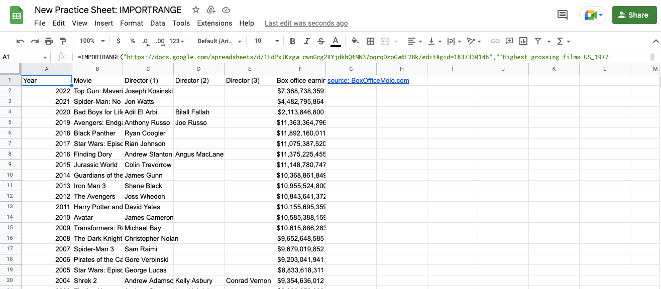 Alt text: IMPORTRANGE function displayed in Google Sheets.