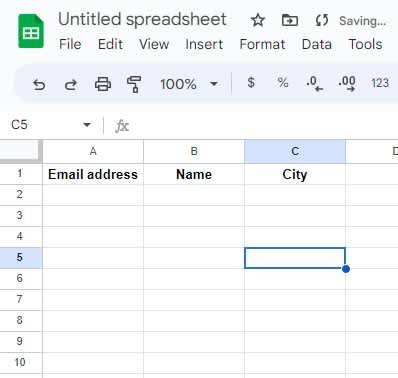 Google Sheet columns labeled email address, name, and city