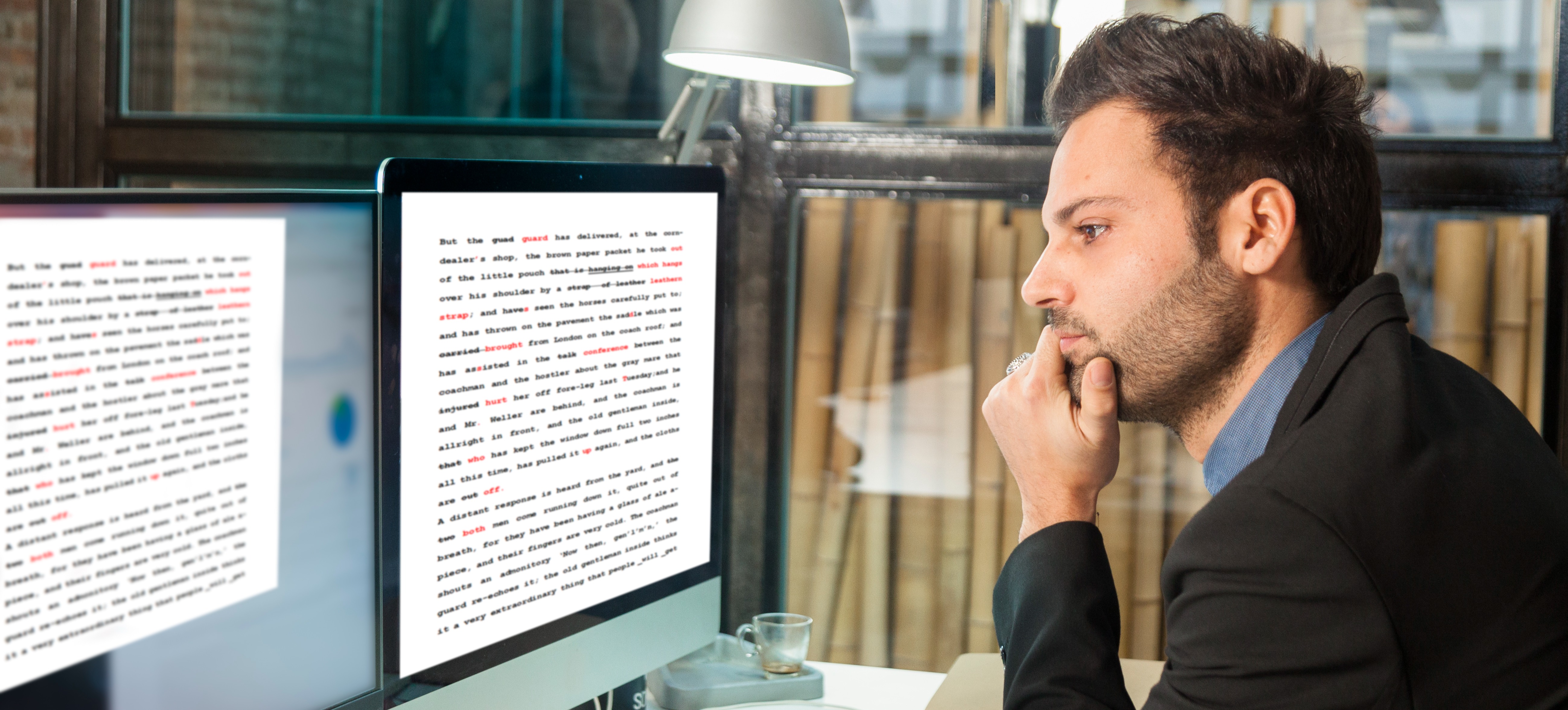 [Featured Image] A business professional is using a large language application to edit an article they are writing.
