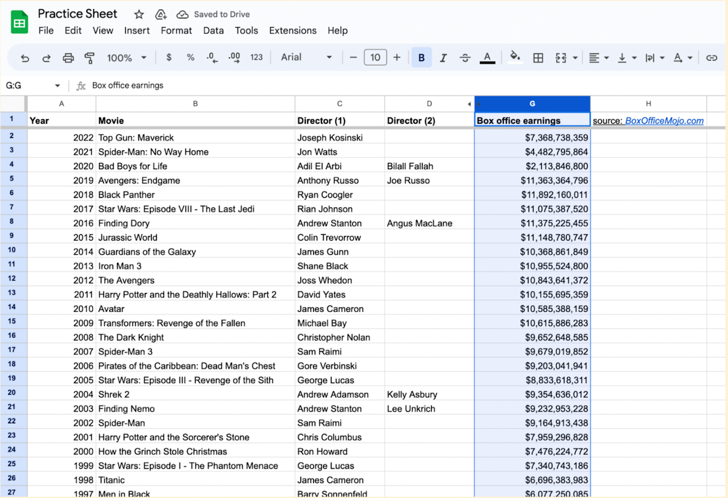 Google Sheet displayed with the selected columns hidden