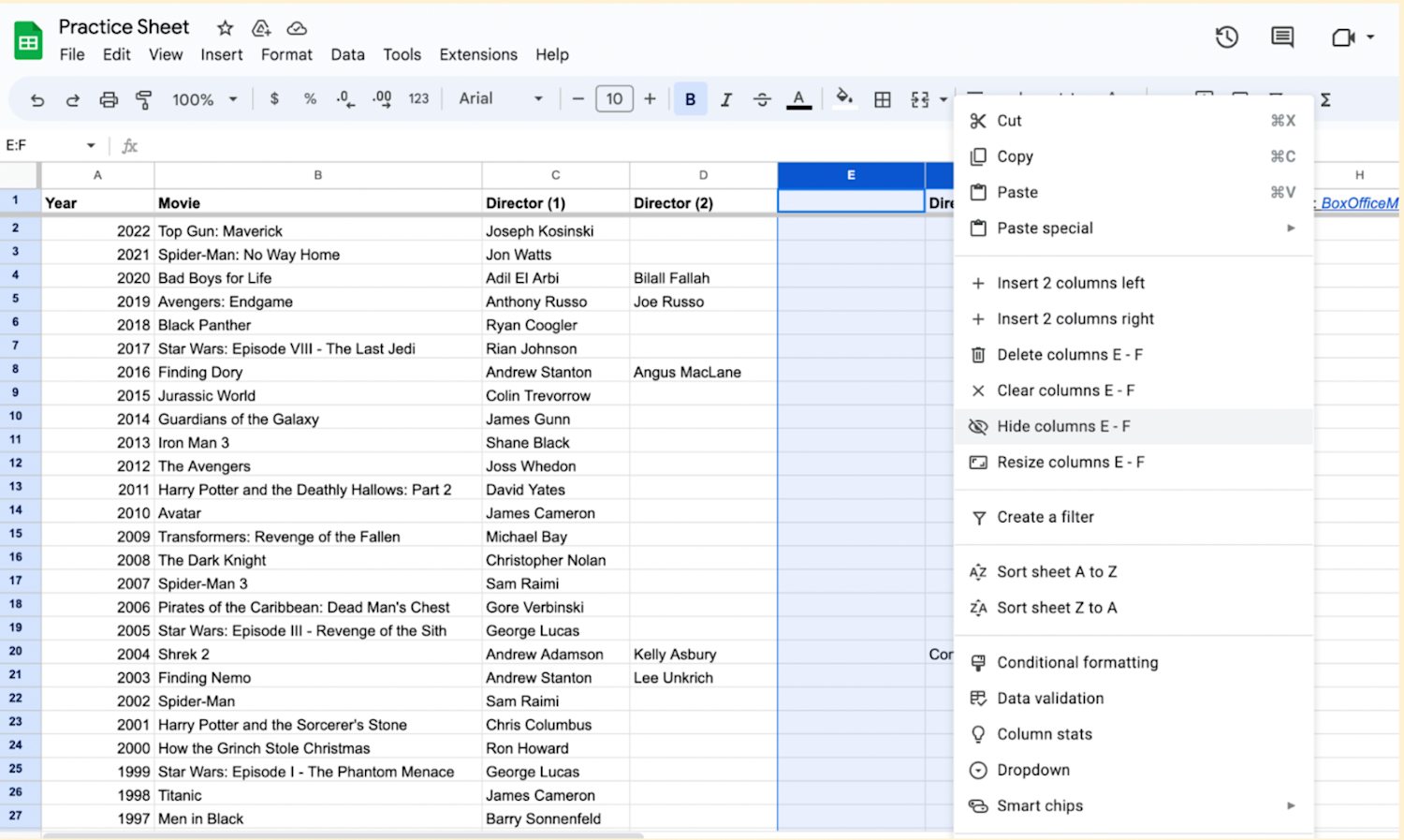 Google Sheet displayed with the ‘Hide columns’ option shown on the menu