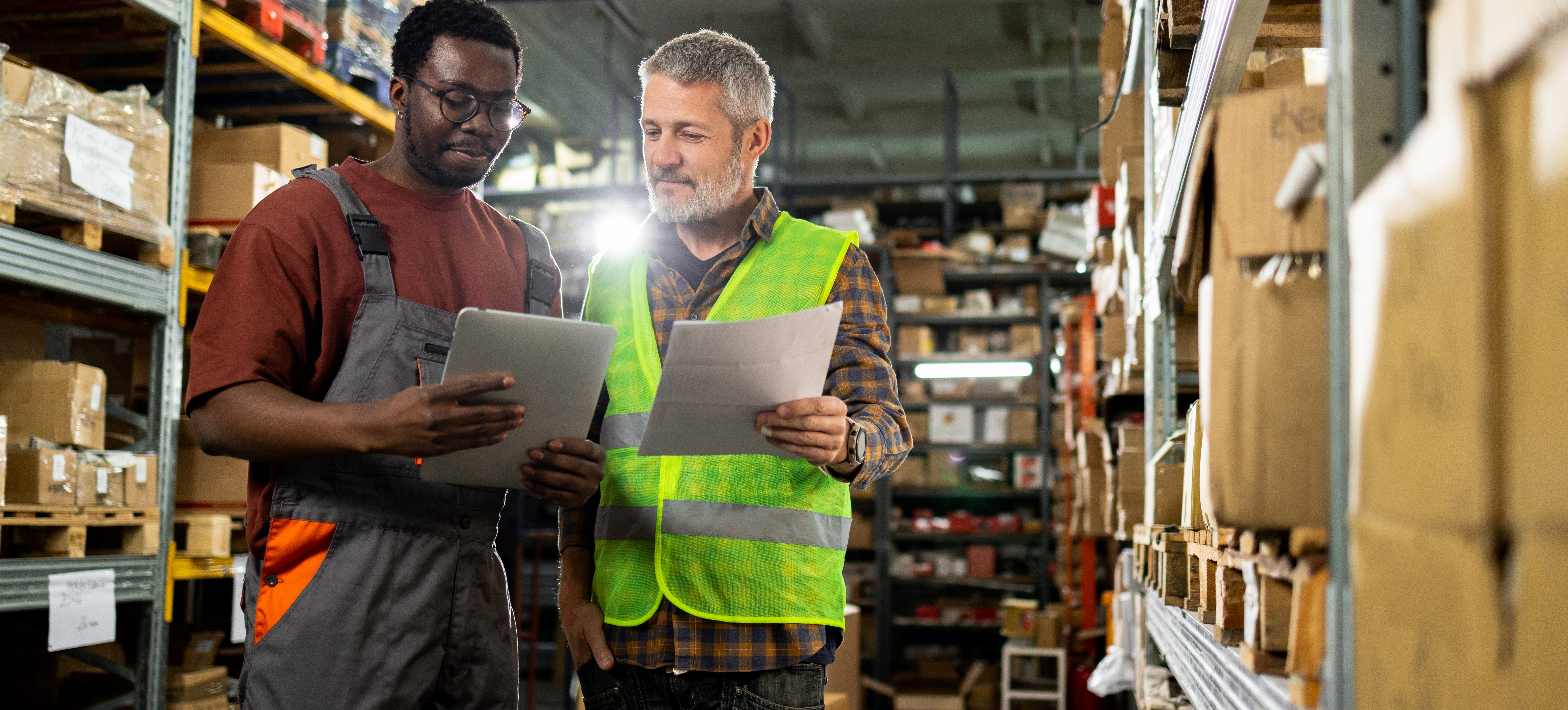 [Featured image] Two people standing in a warehouse use their supply chain management skills to ensure customers get the goods they need.
