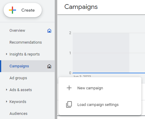 Google Ads new campaign dropdown