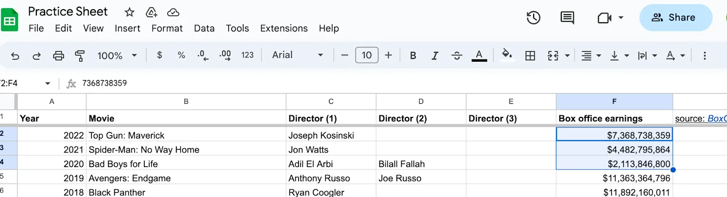 highlight range displayed in Google Sheets