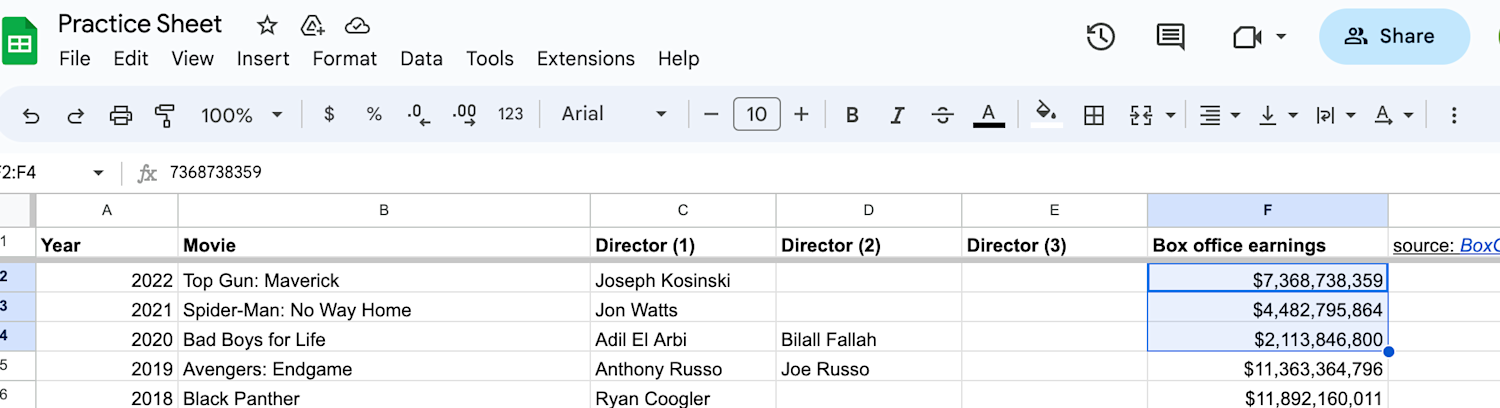 highlight range displayed in Google Sheets