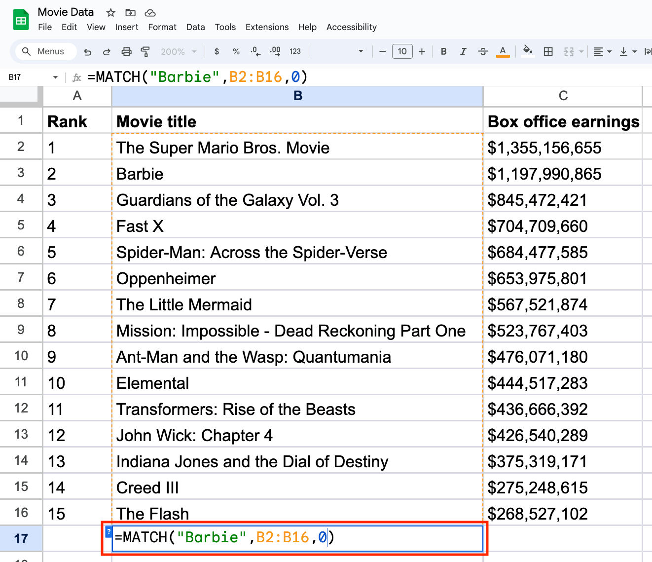 Screenshot of a Google Sheet showing the MATCH function,