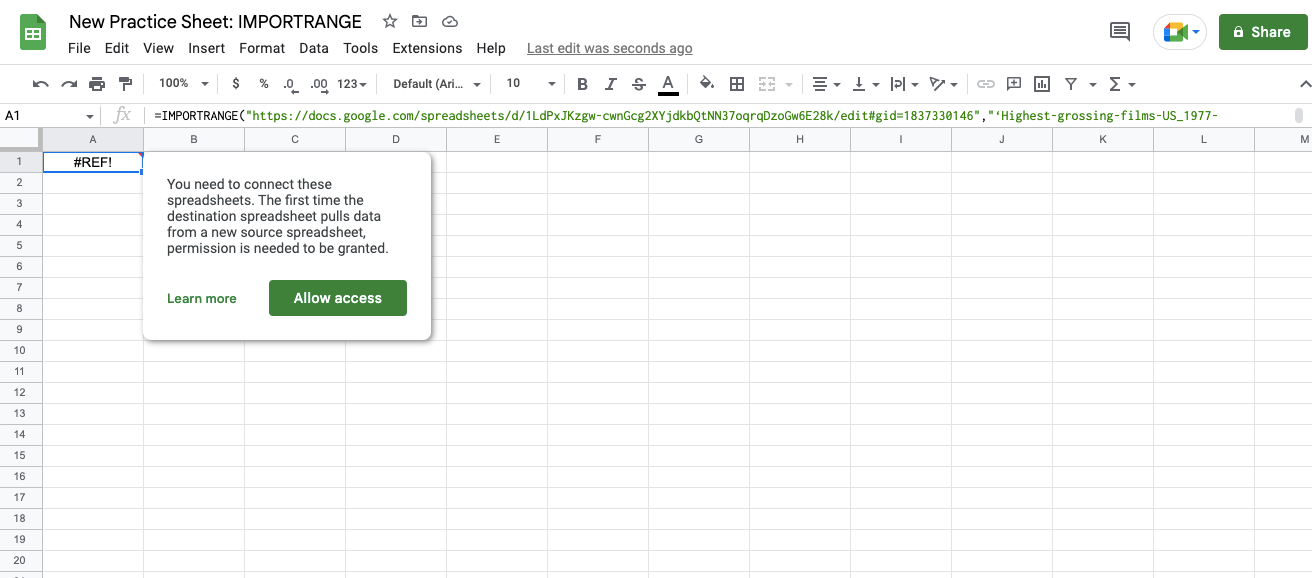 Alt text: IMPORTRANGE function #REF! message displayed in Google Sheets.