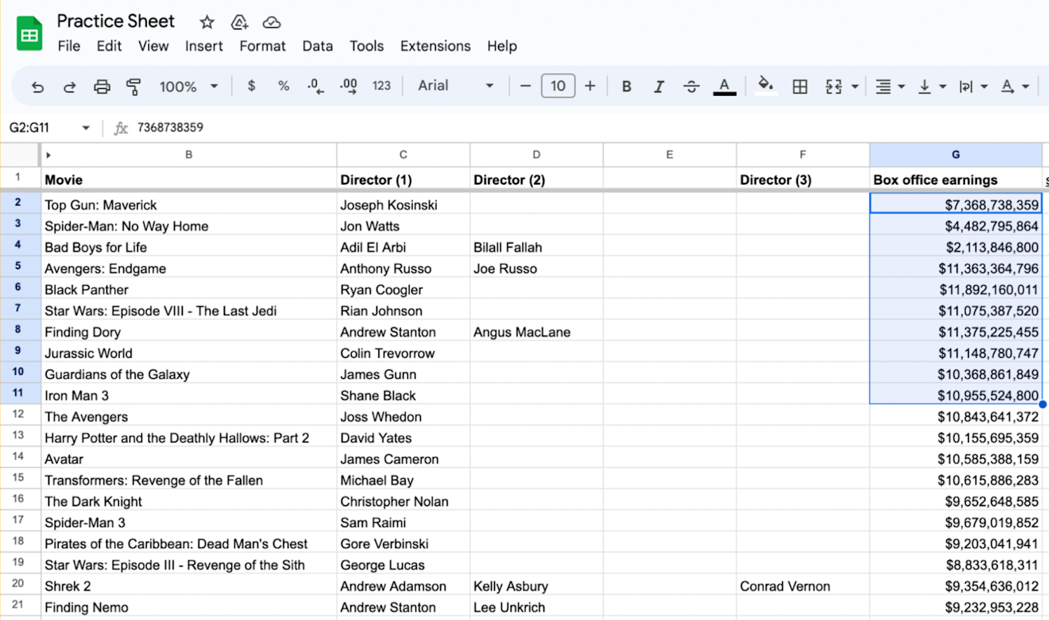 Alt text: Google Sheet displayed with data selected

