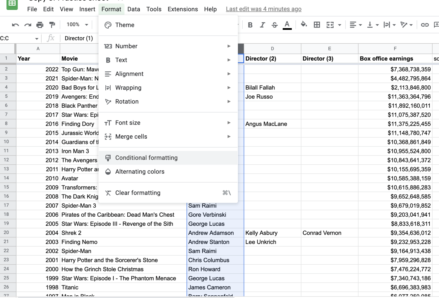 Alt text: Google Sheet with Column C selected and the Format menu opened from the toolbar, and the Conditional Formatting option selected.