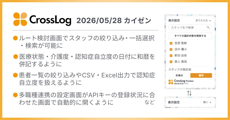 【CrossLog カイゼン】  ルート検討画面でスタッフの絞り込み等の操作が可能になるなど合計9点のカイゼンを実施しました。