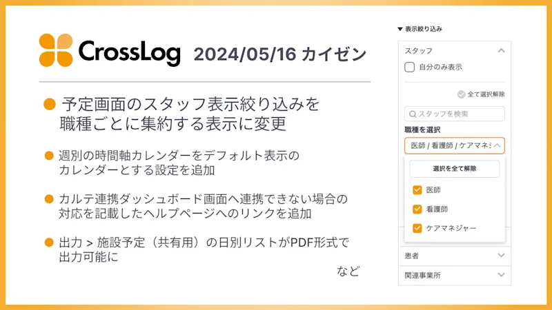 予定画面のスタッフ表示絞り込みを職種ごとに集約する表示に変更など、合計5点のカイゼンを実施しました。
