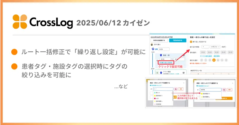ルート一括修正で「繰り返し設定」が可能になど、合計3点のカイゼンを実施しました。