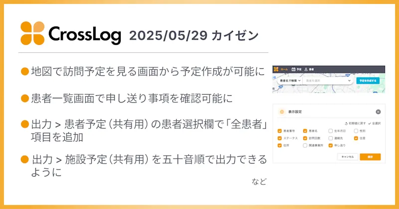「地図で訪問予定を見る」画面から予定作成が可能になど、合計6点のカイゼンを実施しました。