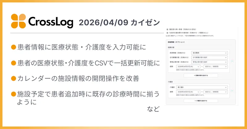 【CrossLog カイゼン】  患者情報に医療状態・介護度を入力できるようになど、合計9点のカイゼンを実施しました。