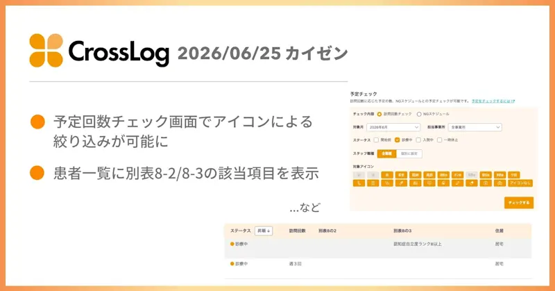 【CrossLog カイゼン】  予定回数チェック画面でアイコンによる絞り込みが可能になど合計5点のカイゼンを実施しました。