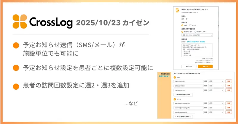 【CrossLog カイゼン】 予定お知らせ送信（SMS/メール）が施設単位でも可能になど、合計5点のカイゼンを実施しました。