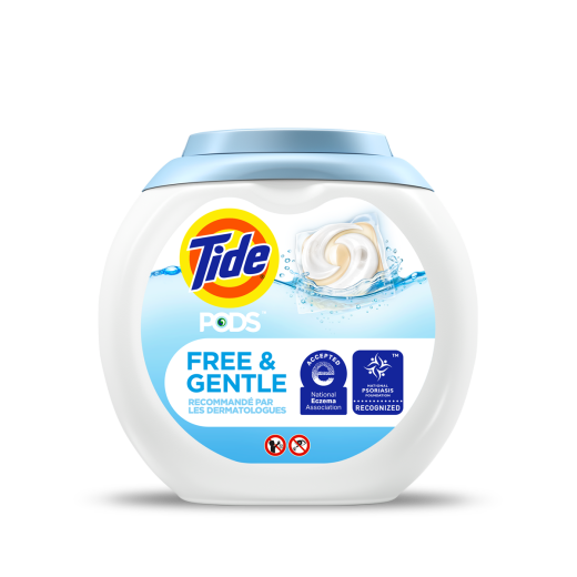 Tide PODS Free and Gentle Laundry Detergent comes in a circular, white, plastic tub, with a light blue label and cap.