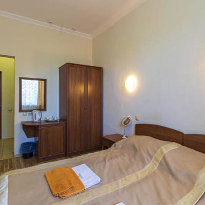 номер Комфорт в санатории Узбекистан - двуспальная кровать и зеркало