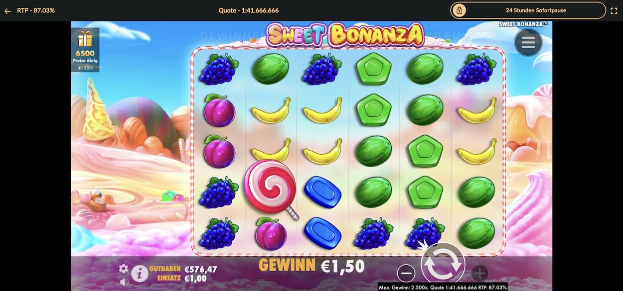 Sweet Bonanza Slot-Screenshot mit Candy-Symbolen und Multiplikatoren im Free-Spins-Modus