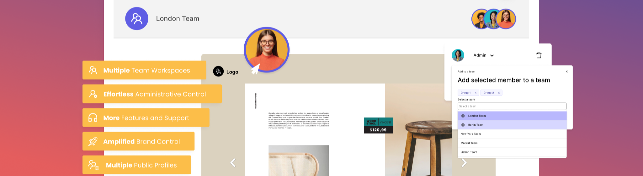 Issuu workspace in white with boxes and circles with people's faces on a purple background