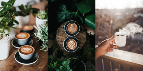 Three side by side images each showing aesthetic images of coffee 