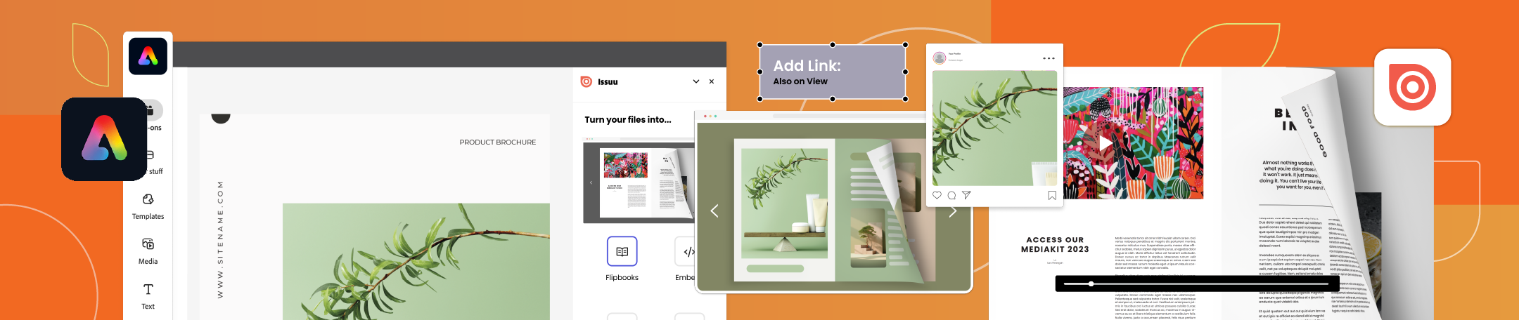 Adobe Express logo next to green and white graphic elements from Issuu platform, along with a flipbook and the Issuu logo