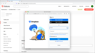 Dropbox and Issuu account integration pop-up window.