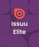 A purple background with an abstract geometric patter. The words Issuu Elite are large in the center of the image with The Issuu logo above them.