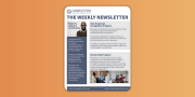 Newsletter cover with a white, grey, and deep blue color scheme