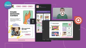 Colorful newsletter, influencer picture, and Canva and Issuu logos on a purple background