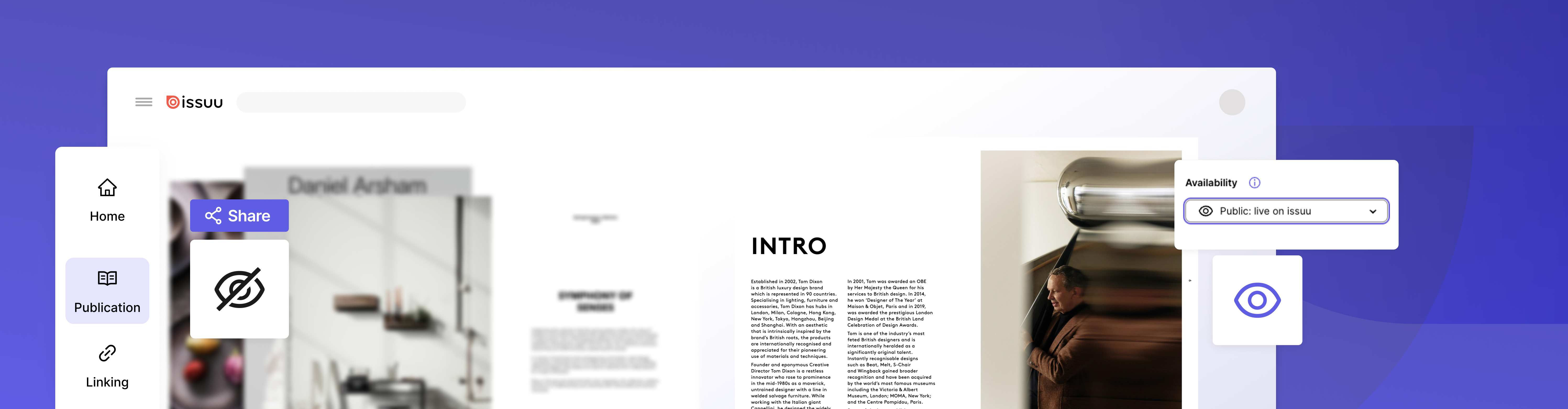 Issuu unlisted flipbook and UI elements on a purple background