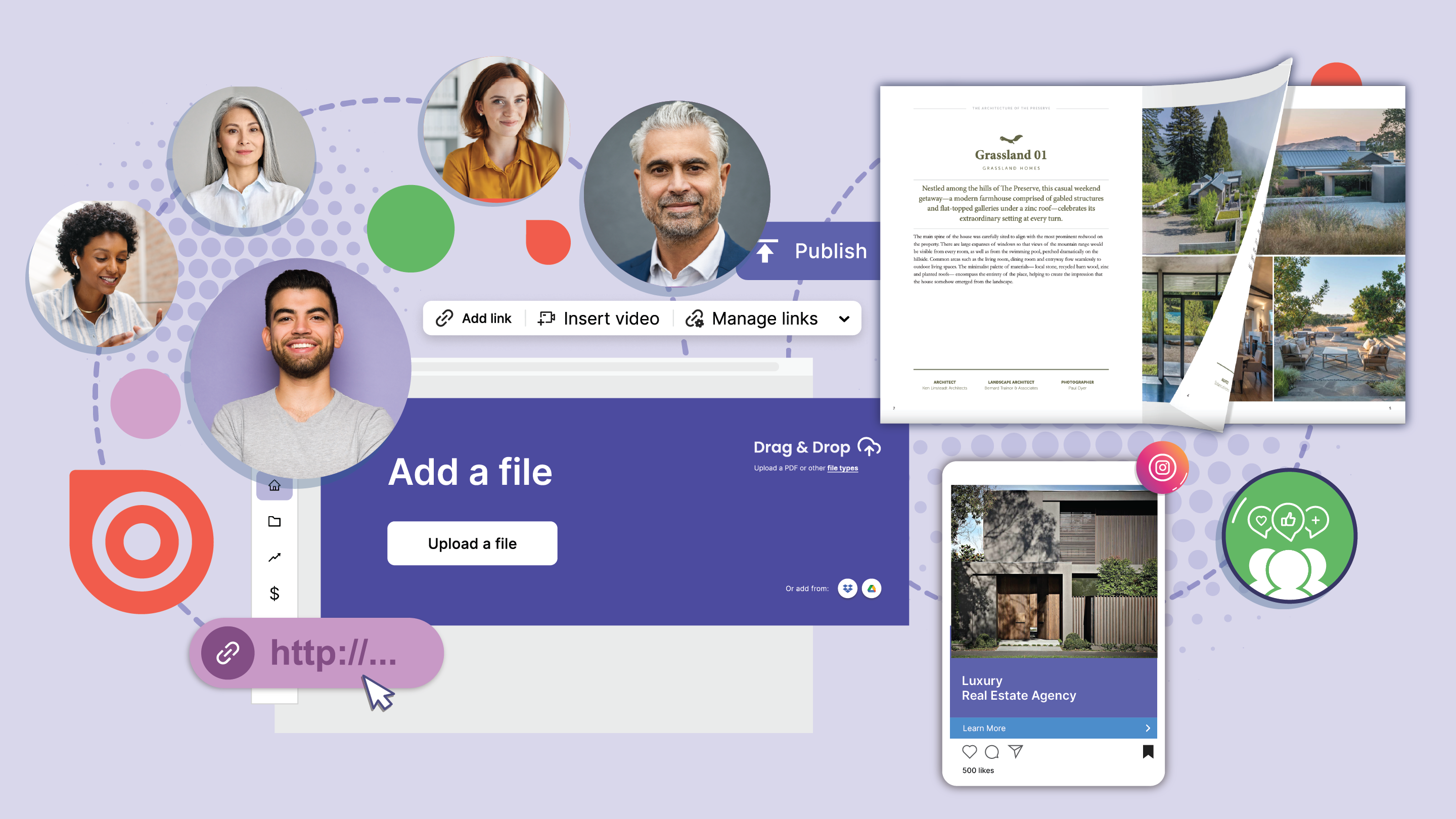 Professional headshots surrounding Issuu's upload module and digital flipbook assets