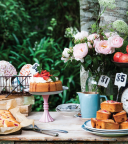 a table with food and flowers