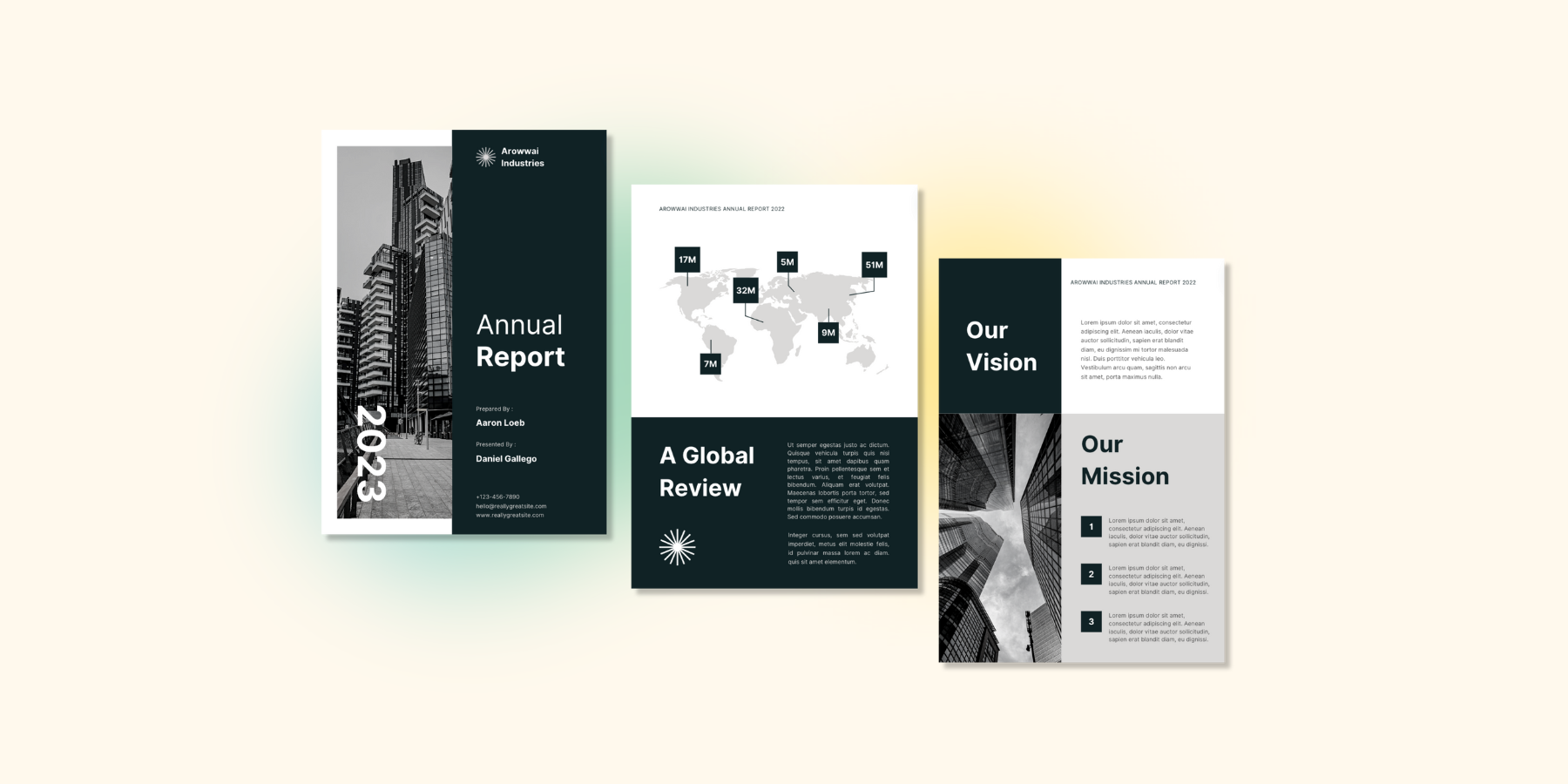 Annual report template from Canva featuring images with buildings and business graphs